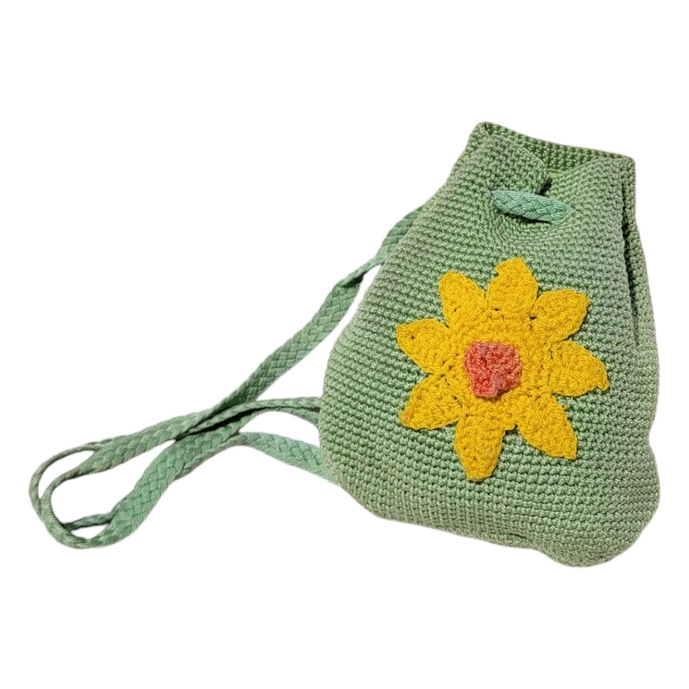 Green Crochet Backpack Purse Bag Sak w/ Yellow 🌼 Flower, 1 Pocket